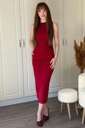 Kadın Sıfır Kol Sıfır Yaka Drape Detaylı Midi Janjan Krep Elbise - 1