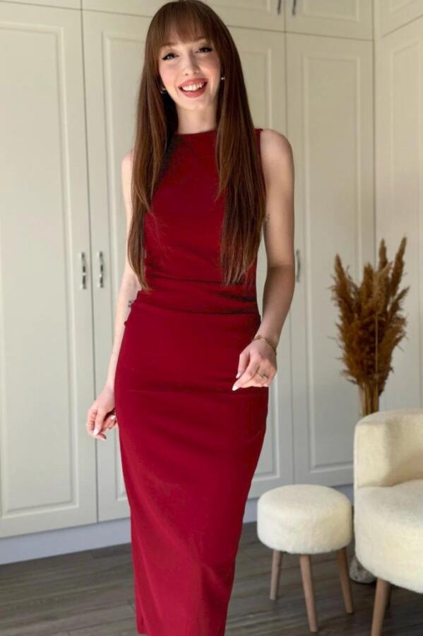 Kadın Sıfır Kol Sıfır Yaka Drape Detaylı Midi Janjan Krep Elbise - 4