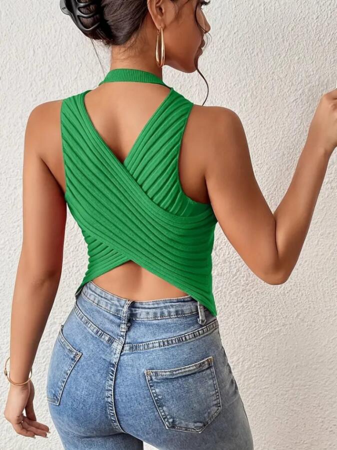 Kadın Sıfır Kol Sırt çapraz Detay Triko Bluz - 3