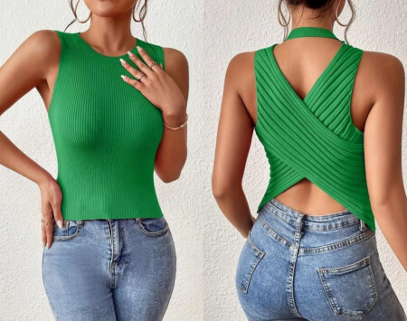 Kadın Sıfır Kol Sırt çapraz Detay Triko Bluz - 7