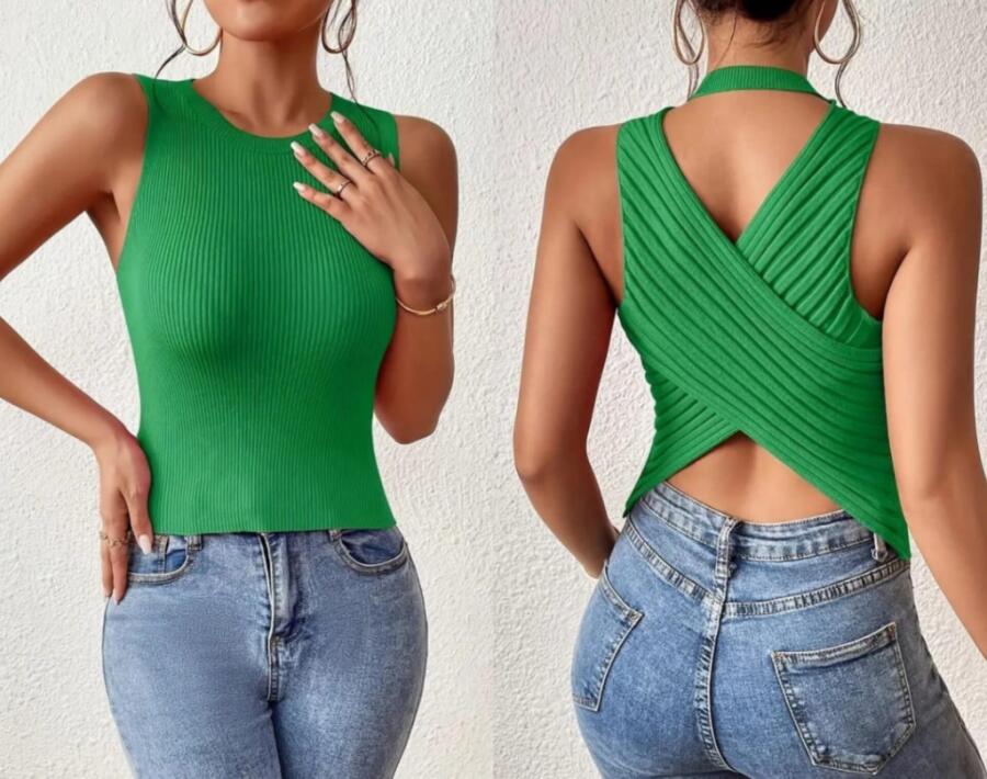 Kadın Sıfır Kol Sırt çapraz Detay Triko Bluz - 7