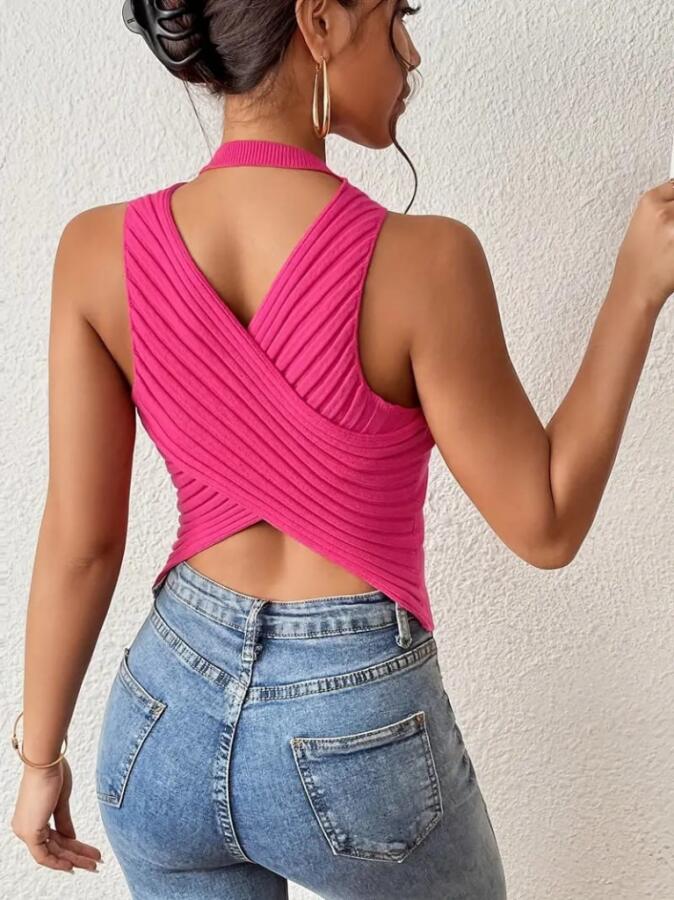 Kadın Sıfır Kol Sırt çapraz Detay Triko Bluz - 3