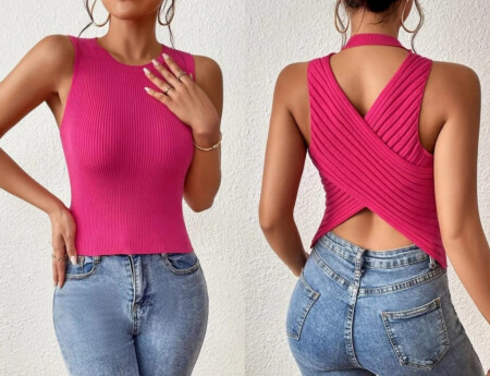 Kadın Sıfır Kol Sırt çapraz Detay Triko Bluz - 7