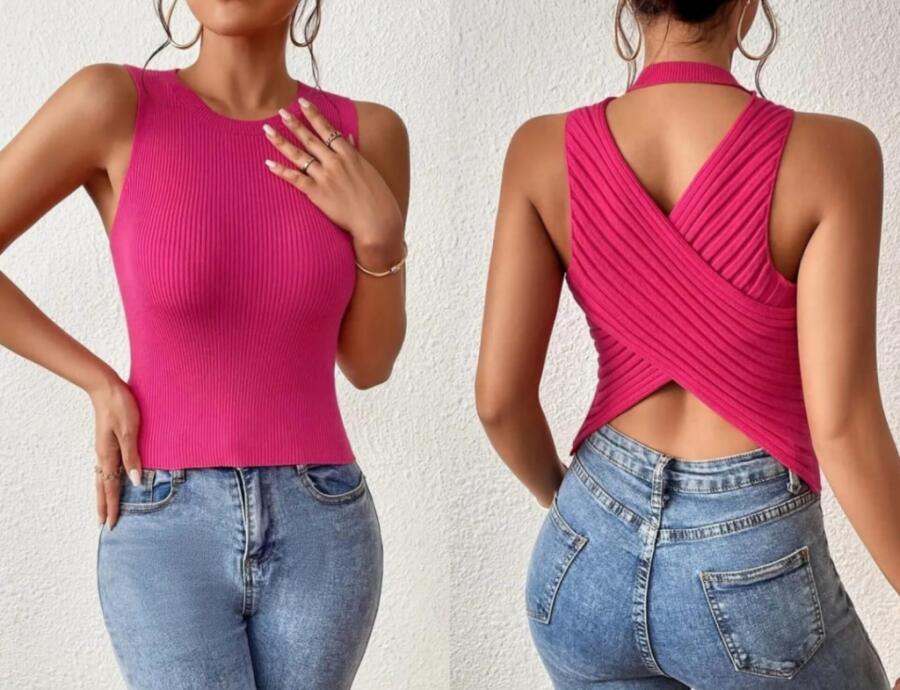 Kadın Sıfır Kol Sırt çapraz Detay Triko Bluz - 7