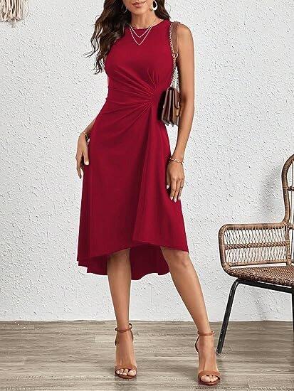 Kadın Sıfır Kollu Bisiklet Yaka Büzgülü Asimetrik Kesim Detaylı Janjan Krep Elbise - 3