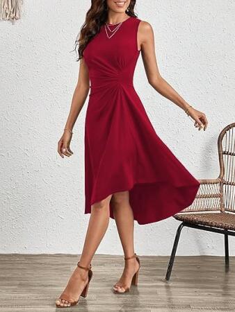 Kadın Sıfır Kollu Bisiklet Yaka Büzgülü Asimetrik Kesim Detaylı Janjan Krep Elbise - 4