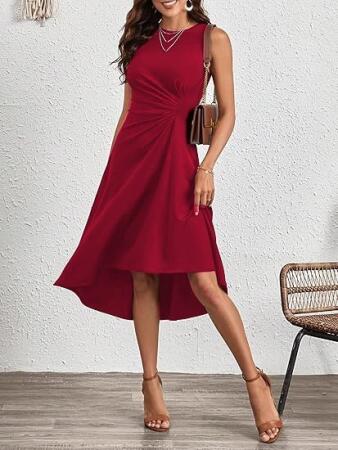 Kadın Sıfır Kollu Bisiklet Yaka Büzgülü Asimetrik Kesim Detaylı Janjan Krep Elbise - 5