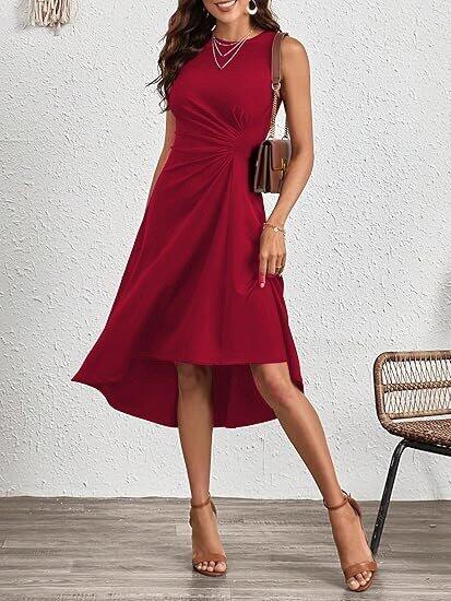 Kadın Sıfır Kollu Bisiklet Yaka Büzgülü Asimetrik Kesim Detaylı Janjan Krep Elbise - 5