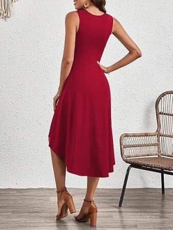 Kadın Sıfır Kollu Bisiklet Yaka Büzgülü Asimetrik Kesim Detaylı Janjan Krep Elbise - 7