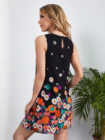 Kadın Sıfır Kollu Bisiklet Yaka çiçek Desenli Süprem Mini Elbise - 5