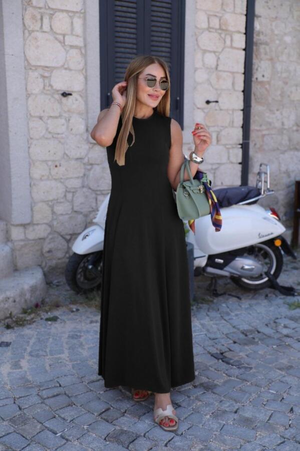 Kadın Sıfır Kollu Bisiklet Yaka Viskon Elbise - 2