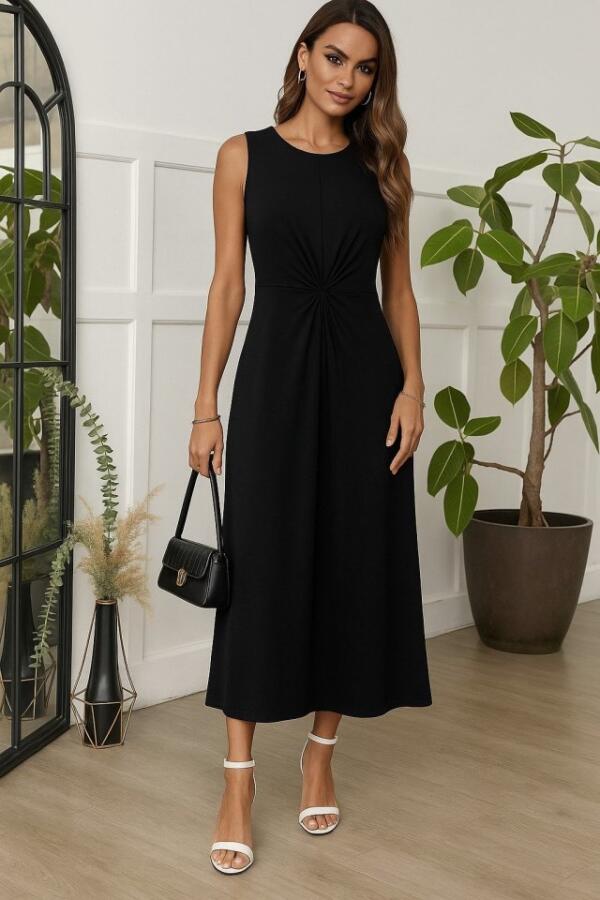 Kadın Sıfır Kollu Bisiklet Yaka Yandan Büzgü Detaylı Viskon Elbise - 1