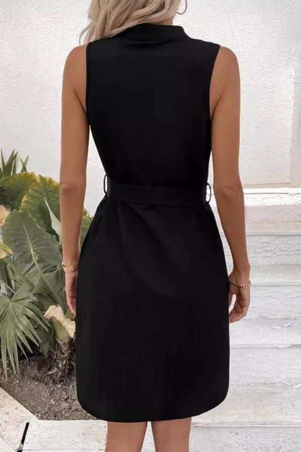 Kadın Sıfır Kollu Hakim Yaka önden Düğmeli Belden Kuşaklı Ithal Keten Elbise - 3