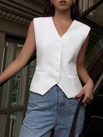 Kadın Sıfır Kollu önden Düğmeli Atlas Yelek - ANGELINO BuyukBedeniz