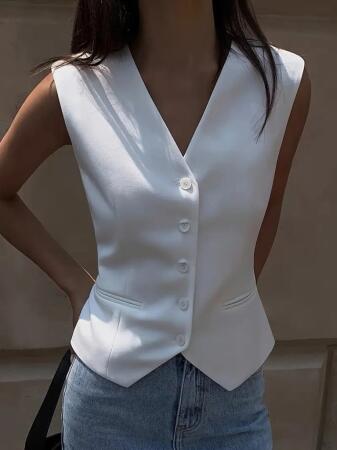 Kadın Sıfır Kollu önden Düğmeli Atlas Yelek - 5