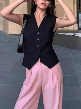 Kadın Sıfır Kollu önden Düğmeli Atlas Yelek - ANGELINO BuyukBedeniz