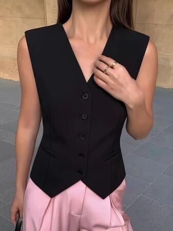 Kadın Sıfır Kollu önden Düğmeli Atlas Yelek - ANGELINO BuyukBedeniz (1)