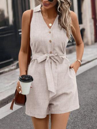 Kadın Sıfır Kollu Yakalı Düğmeli Belden Kuşaklı Kısa Keten Tulum - ANGELINO BuyukBedeniz