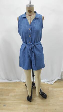 Kadın Sıfır Kollu Yakalı Düğmeli Belden Kuşaklı Kısa Keten Tulum - 6