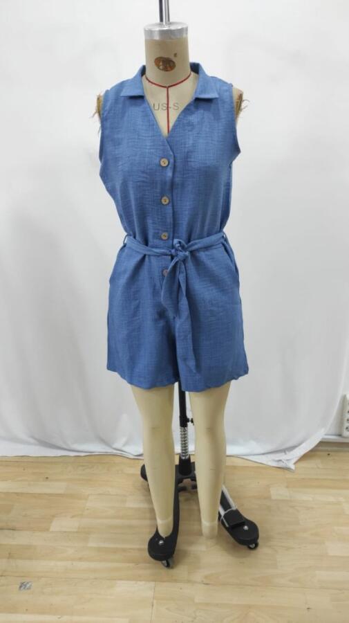 Kadın Sıfır Kollu Yakalı Düğmeli Belden Kuşaklı Kısa Keten Tulum - 6