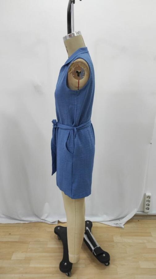 Kadın Sıfır Kollu Yakalı Düğmeli Belden Kuşaklı Kısa Keten Tulum - 7