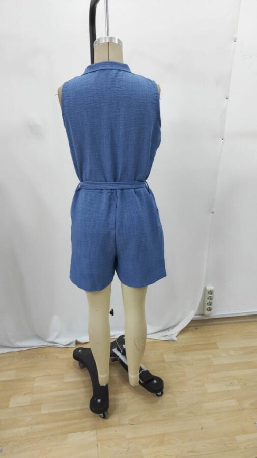 Kadın Sıfır Kollu Yakalı Düğmeli Belden Kuşaklı Kısa Keten Tulum - 8