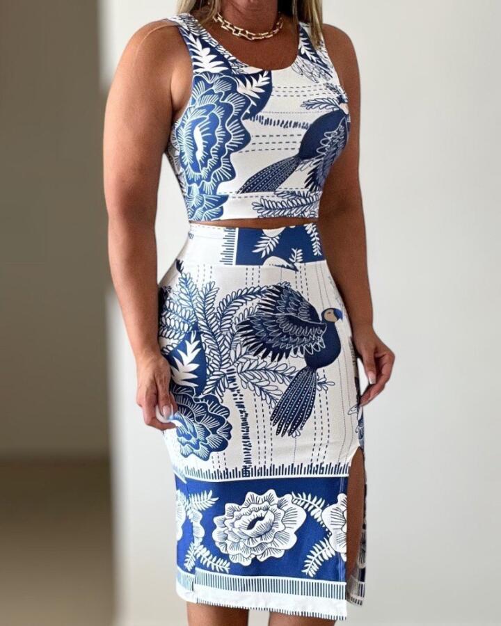 Kadın Sıfır Kollu Yuvarlak Yaka çiçekli Desenli Süprem Crop Ve Yırtmaçlı Etek Ikili Takım - 1