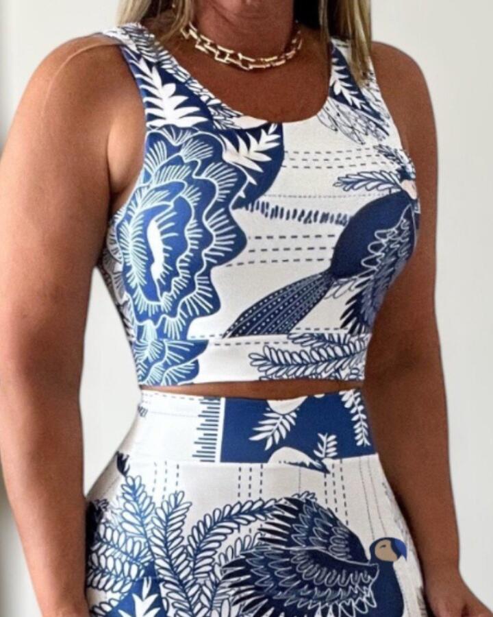 Kadın Sıfır Kollu Yuvarlak Yaka çiçekli Desenli Süprem Crop Ve Yırtmaçlı Etek Ikili Takım - 2