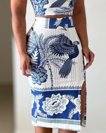 Kadın Sıfır Kollu Yuvarlak Yaka çiçekli Desenli Süprem Crop Ve Yırtmaçlı Etek Ikili Takım - 3