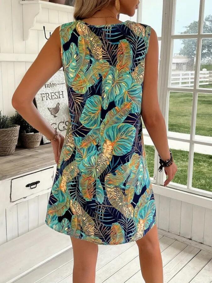 Kadın Sıfır Kollu Yuvarlak Yaka Desenli Süprem Elbise - 2