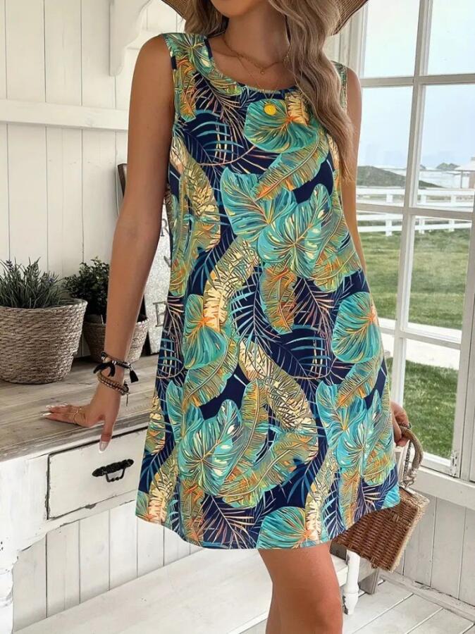 Kadın Sıfır Kollu Yuvarlak Yaka Desenli Süprem Elbise - 3