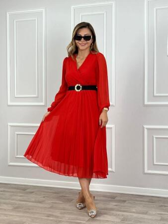 Kadın şifon Kumaş Astalı Kloş Kesim Kruvaze Yaka Midi Boy Elbise - ANGELINO BuyukBedeniz (1)