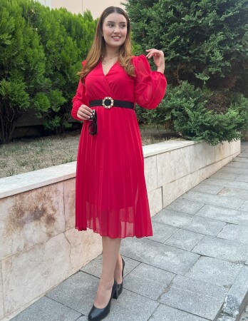 Kadın şifon Kumaş Astalı Kloş Kesim Kruvaze Yaka Midi Boy Elbise - 1