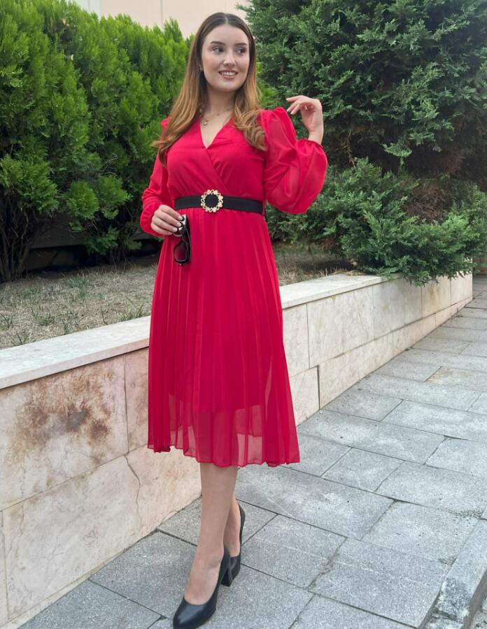 Kadın şifon Kumaş Astalı Kloş Kesim Kruvaze Yaka Midi Boy Elbise - 2