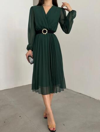 Kadın şifon Kumaş Astalı Kloş Kesim Kruvaze Yaka Midi Boy Elbise - ANGELINO BuyukBedeniz (1)