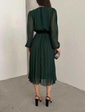 Kadın şifon Kumaş Astalı Kloş Kesim Kruvaze Yaka Midi Boy Elbise - 3