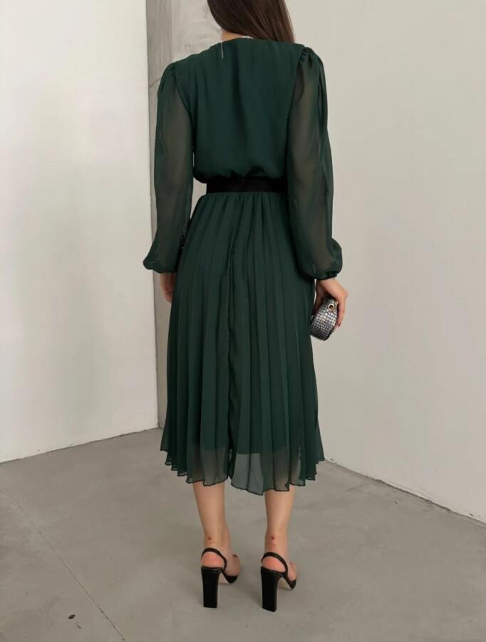 Kadın şifon Kumaş Astalı Kloş Kesim Kruvaze Yaka Midi Boy Elbise - 3