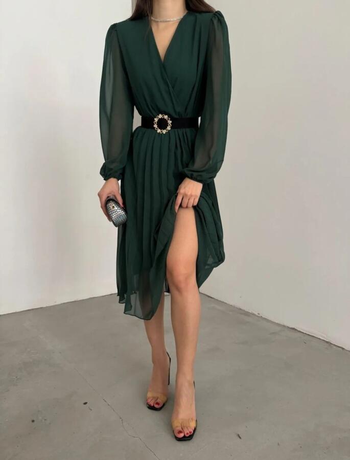 Kadın şifon Kumaş Astalı Kloş Kesim Kruvaze Yaka Midi Boy Elbise - 4