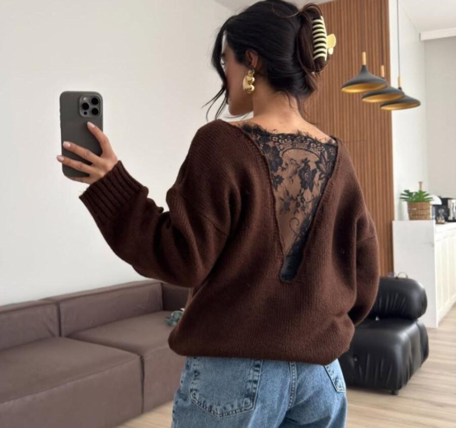 Kadın Sırtı Dantel Transparan Detay Triko Kazak - 1