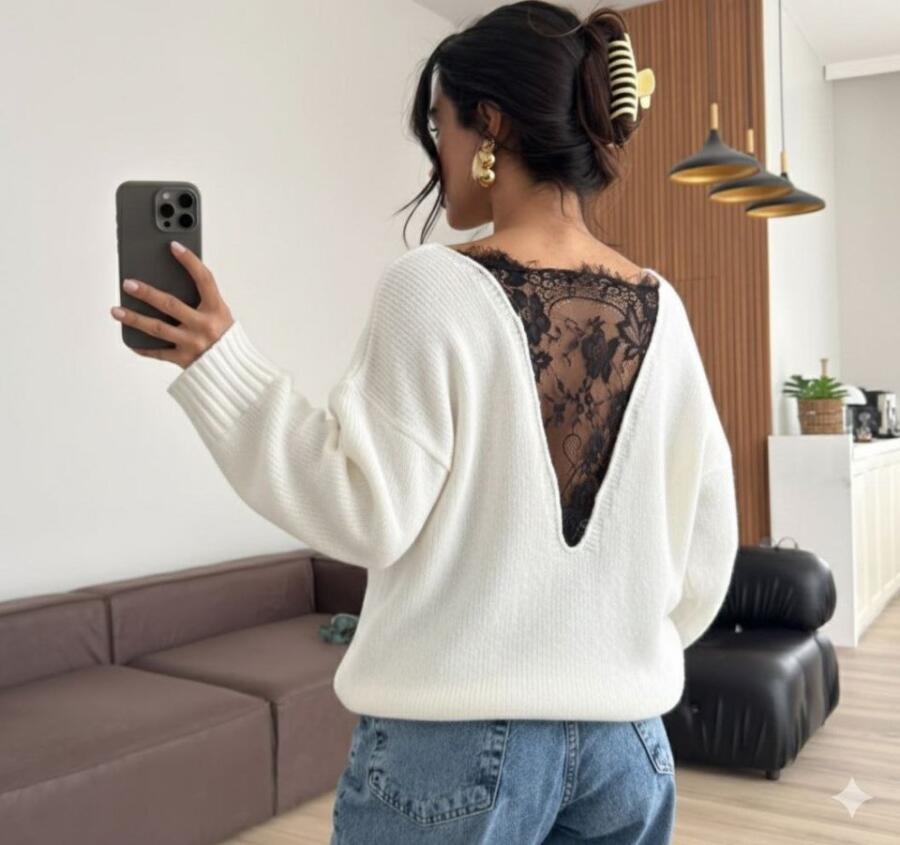 Kadın Sırtı Dantel Transparan Detay Triko Kazak - 1