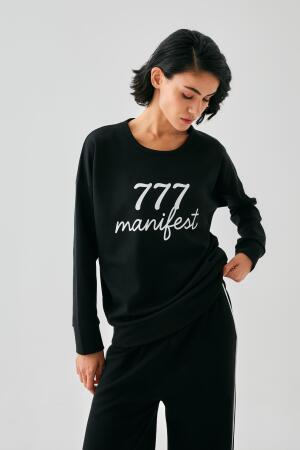 Kadın Siyah 777 Manifest Oversize 2 İplik Eşofman Ev Giyim Takımı - 4