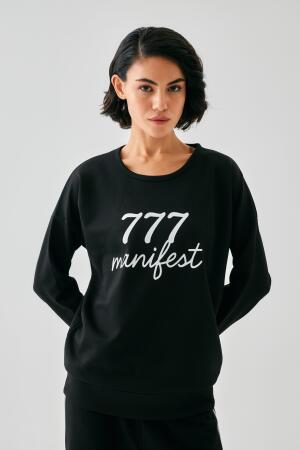Kadın Siyah 777 Manifest Oversize 2 İplik Eşofman Ev Giyim Takımı - 5