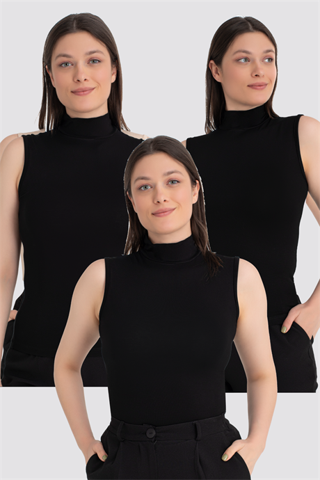 Kadın Siyah Balıkçı Yaka Kolsuz Body 3'lü Paket - 1