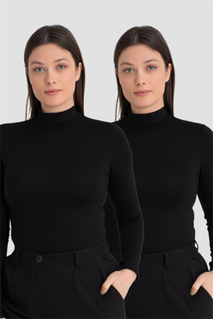 Kadın Siyah Balıkçı Yaka Uzun Kollu Body 2'li Paket - 1