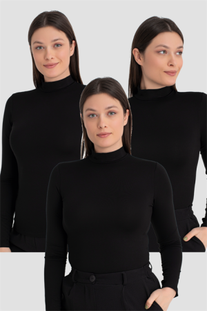 Kadın Siyah Balıkçı Yaka Uzun Kollu Body 3 Adet - 1