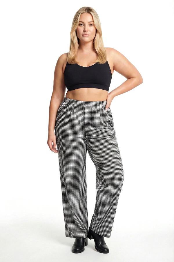 Kadın Siyah-Beyaz Kareli Büyük Beden Cepli Pijama Altı - 1