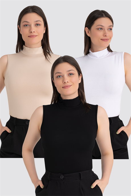 Kadın Siyah Beyaz Ten Balıkçı Yaka Kolsuz Body 3'lü Paket - 1