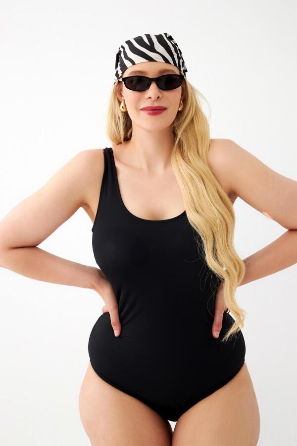 Kadın Siyah Büyük Beden Düz Tek Parça Mayo - 3