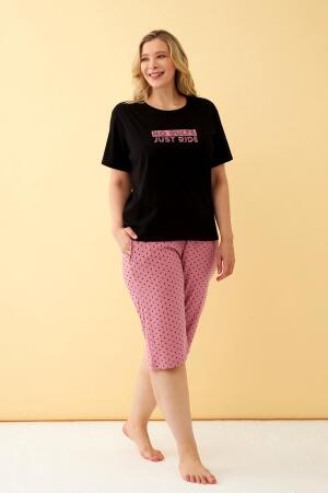 Angelino Kadın Siyah “No Rules Just Ride” Yazılı Büyük Beden Kapri Pijama Takımı - 3