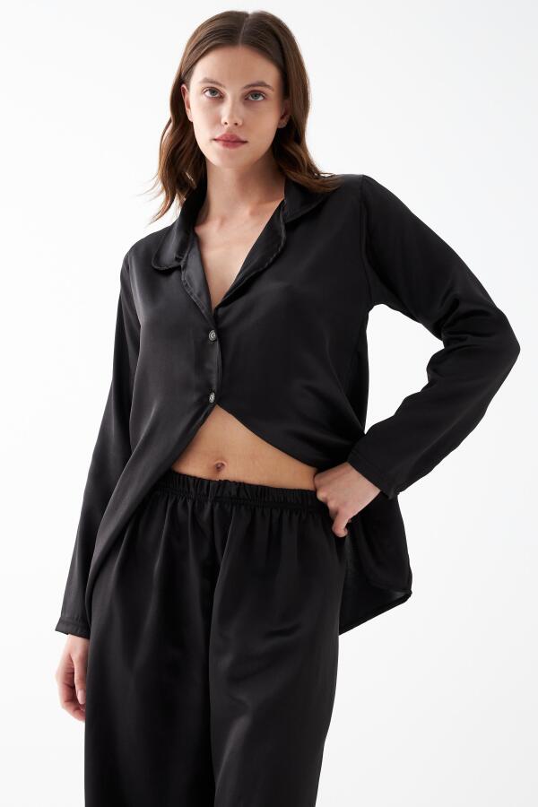Kadın Siyah Oversize Saten Pijama Takımı - 4